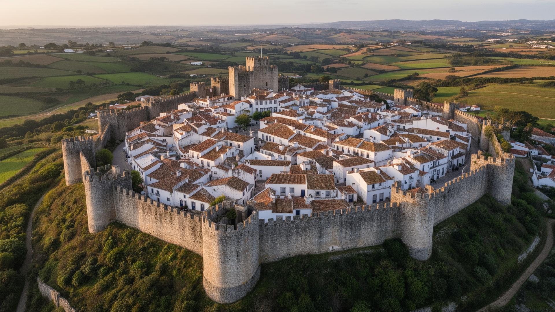 Aerial view of Óbidos castle and medieval walls