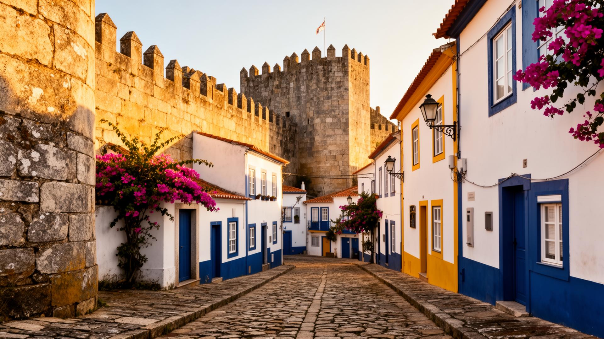 Cobblestone streets of Óbidos with whitewashed houses